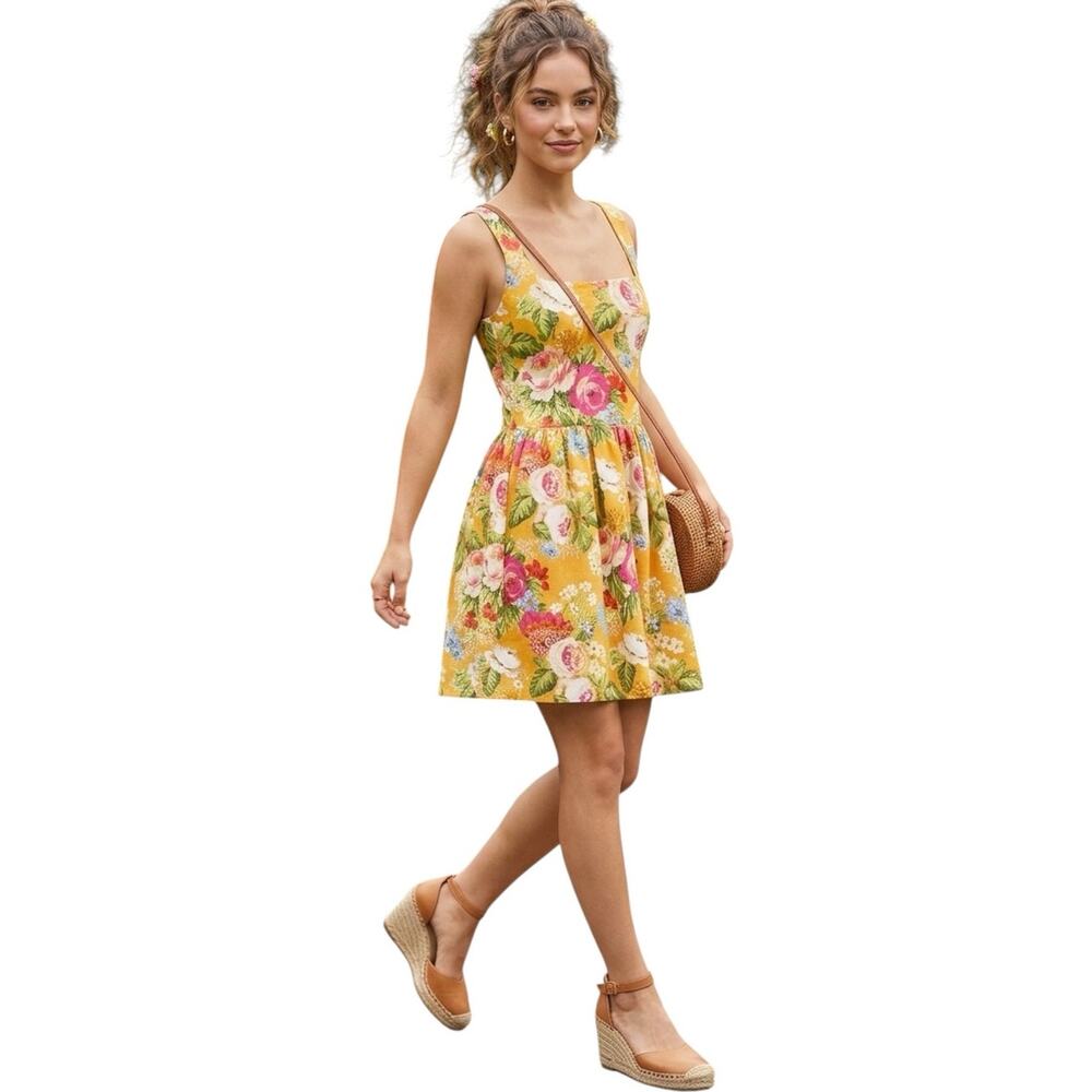 Smith & Quinn Buttercream Garden Floral Square Neck Sleeveless Mini Dress Small